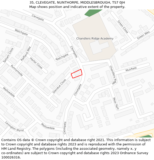 35, CLEVEGATE, NUNTHORPE, MIDDLESBROUGH, TS7 0JH: Location map and indicative extent of plot