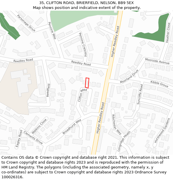 35, CLIFTON ROAD, BRIERFIELD, NELSON, BB9 5EX: Location map and indicative extent of plot