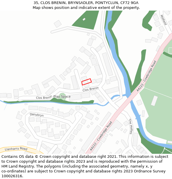 35, CLOS BRENIN, BRYNSADLER, PONTYCLUN, CF72 9GA: Location map and indicative extent of plot