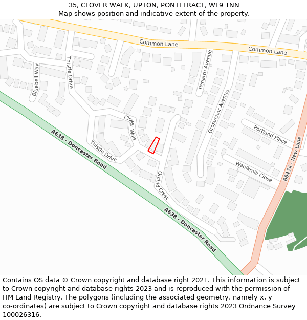 35, CLOVER WALK, UPTON, PONTEFRACT, WF9 1NN: Location map and indicative extent of plot