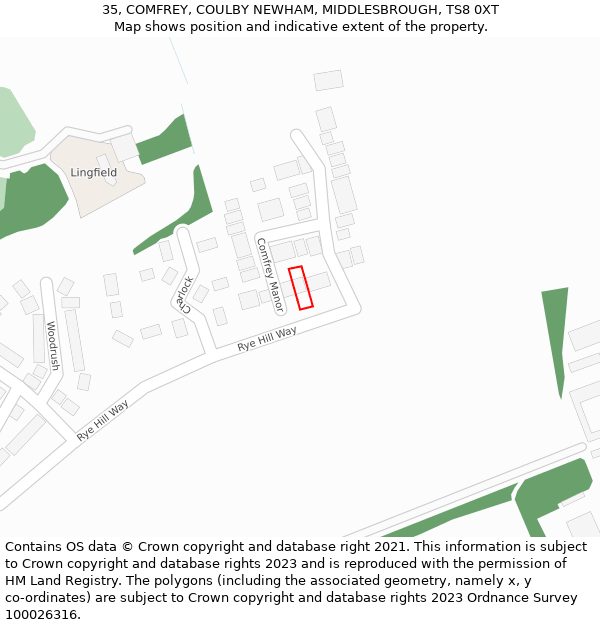 35, COMFREY, COULBY NEWHAM, MIDDLESBROUGH, TS8 0XT: Location map and indicative extent of plot
