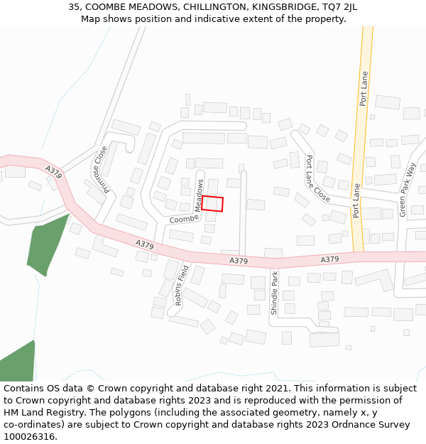 35, COOMBE MEADOWS, CHILLINGTON, KINGSBRIDGE, TQ7 2JL: Location map and indicative extent of plot