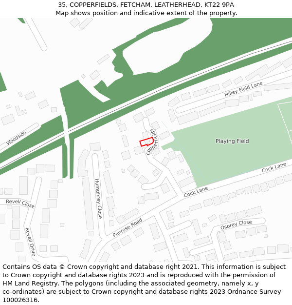 35, COPPERFIELDS, FETCHAM, LEATHERHEAD, KT22 9PA: Location map and indicative extent of plot