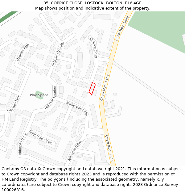 35, COPPICE CLOSE, LOSTOCK, BOLTON, BL6 4GE: Location map and indicative extent of plot