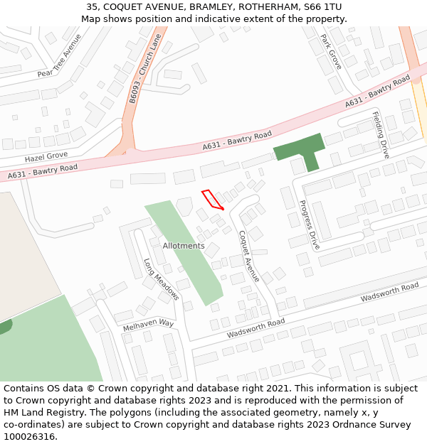 35, COQUET AVENUE, BRAMLEY, ROTHERHAM, S66 1TU: Location map and indicative extent of plot