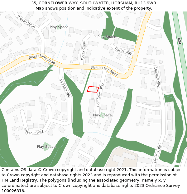 35, CORNFLOWER WAY, SOUTHWATER, HORSHAM, RH13 9WB: Location map and indicative extent of plot