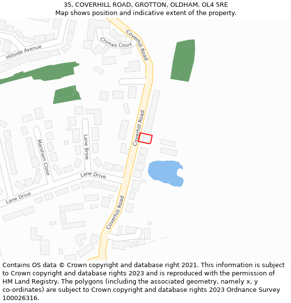 35, COVERHILL ROAD, GROTTON, OLDHAM, OL4 5RE: Location map and indicative extent of plot