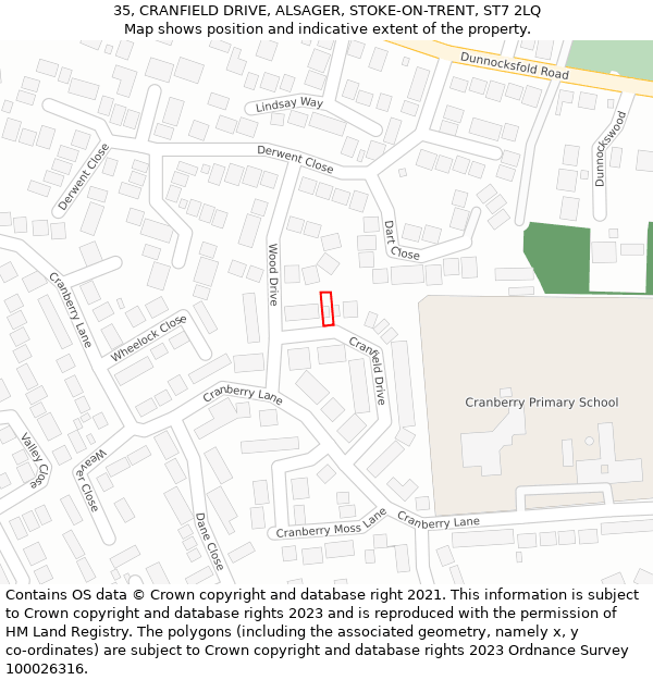 35, CRANFIELD DRIVE, ALSAGER, STOKE-ON-TRENT, ST7 2LQ: Location map and indicative extent of plot