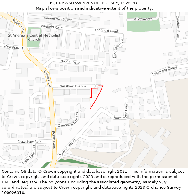 35, CRAWSHAW AVENUE, PUDSEY, LS28 7BT: Location map and indicative extent of plot