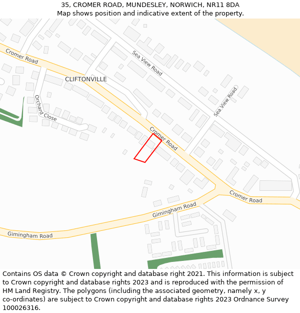 35, CROMER ROAD, MUNDESLEY, NORWICH, NR11 8DA: Location map and indicative extent of plot