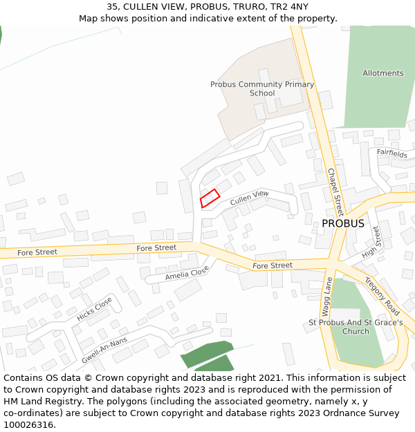 35, CULLEN VIEW, PROBUS, TRURO, TR2 4NY: Location map and indicative extent of plot