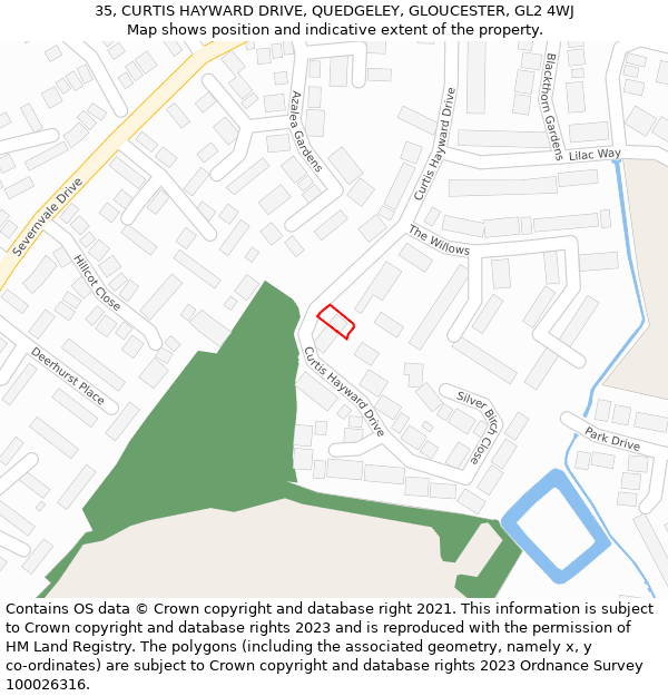 35, CURTIS HAYWARD DRIVE, QUEDGELEY, GLOUCESTER, GL2 4WJ: Location map and indicative extent of plot