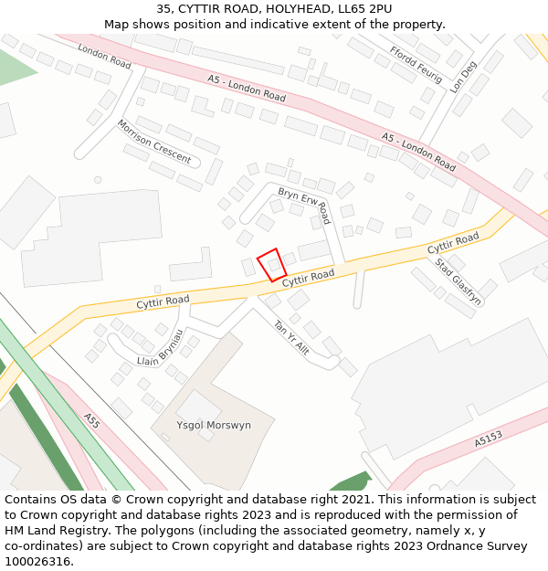 35, CYTTIR ROAD, HOLYHEAD, LL65 2PU: Location map and indicative extent of plot