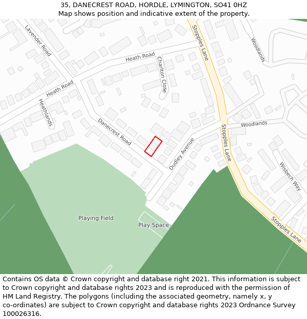 35, DANECREST ROAD, HORDLE, LYMINGTON, SO41 0HZ: Location map and indicative extent of plot