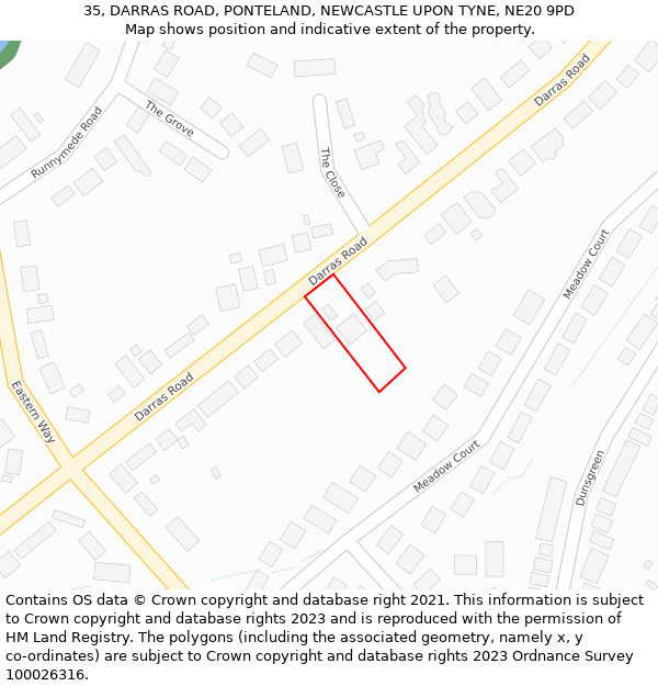 35, DARRAS ROAD, PONTELAND, NEWCASTLE UPON TYNE, NE20 9PD: Location map and indicative extent of plot