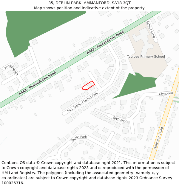 35, DERLIN PARK, AMMANFORD, SA18 3QT: Location map and indicative extent of plot