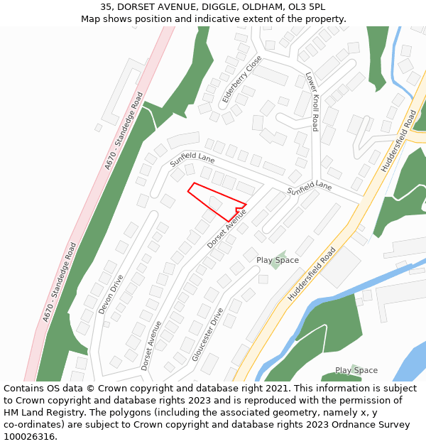 35, DORSET AVENUE, DIGGLE, OLDHAM, OL3 5PL: Location map and indicative extent of plot