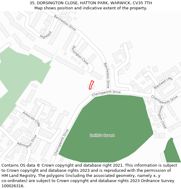 35, DORSINGTON CLOSE, HATTON PARK, WARWICK, CV35 7TH: Location map and indicative extent of plot