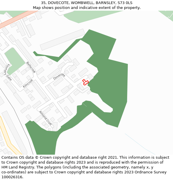 35, DOVECOTE, WOMBWELL, BARNSLEY, S73 0LS: Location map and indicative extent of plot