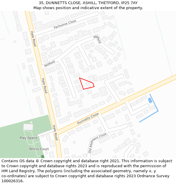 35, DUNNETTS CLOSE, ASHILL, THETFORD, IP25 7AY: Location map and indicative extent of plot