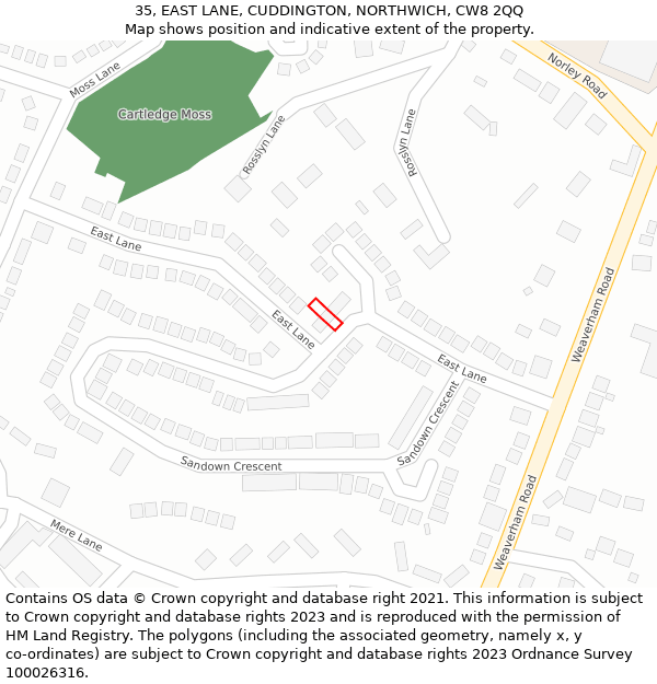 35, EAST LANE, CUDDINGTON, NORTHWICH, CW8 2QQ: Location map and indicative extent of plot