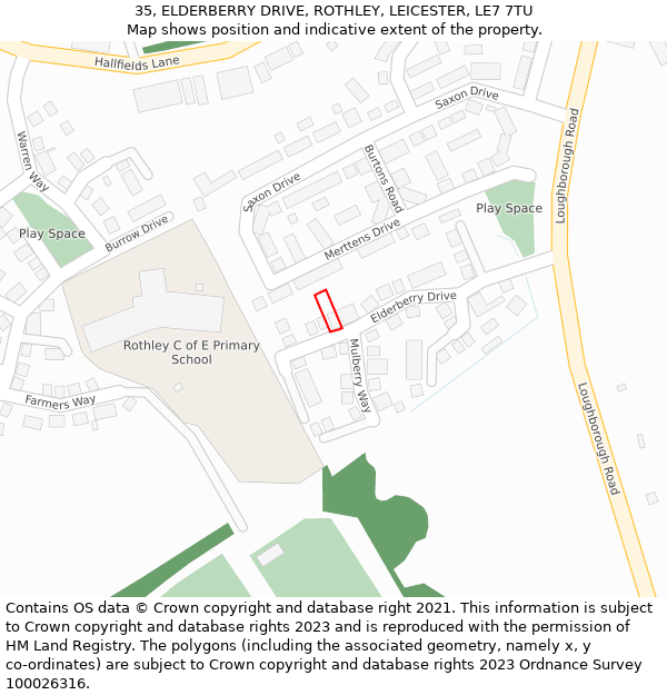 35, ELDERBERRY DRIVE, ROTHLEY, LEICESTER, LE7 7TU: Location map and indicative extent of plot