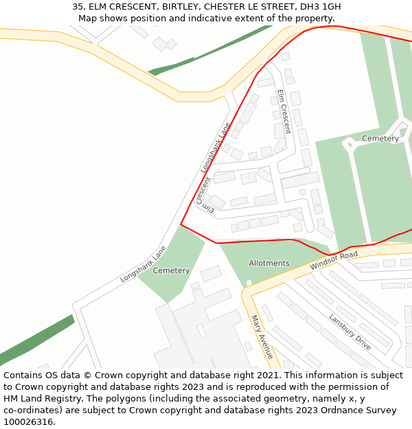 35, ELM CRESCENT, BIRTLEY, CHESTER LE STREET, DH3 1GH: Location map and indicative extent of plot
