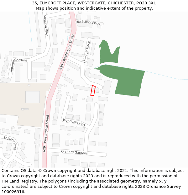 35, ELMCROFT PLACE, WESTERGATE, CHICHESTER, PO20 3XL: Location map and indicative extent of plot