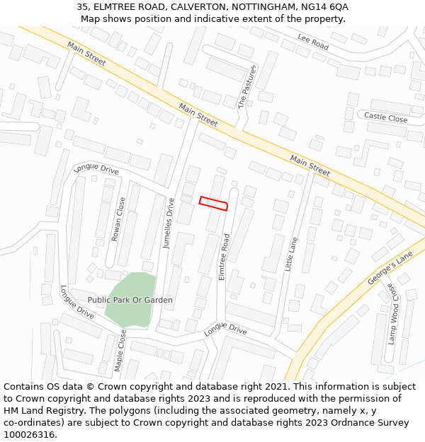 35, ELMTREE ROAD, CALVERTON, NOTTINGHAM, NG14 6QA: Location map and indicative extent of plot