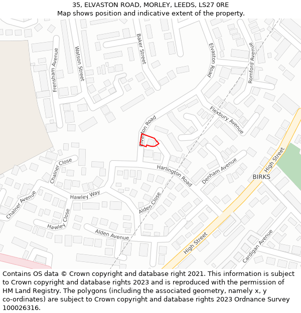 35, ELVASTON ROAD, MORLEY, LEEDS, LS27 0RE: Location map and indicative extent of plot