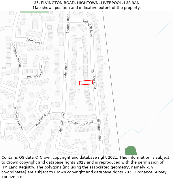 35, ELVINGTON ROAD, HIGHTOWN, LIVERPOOL, L38 9AN: Location map and indicative extent of plot
