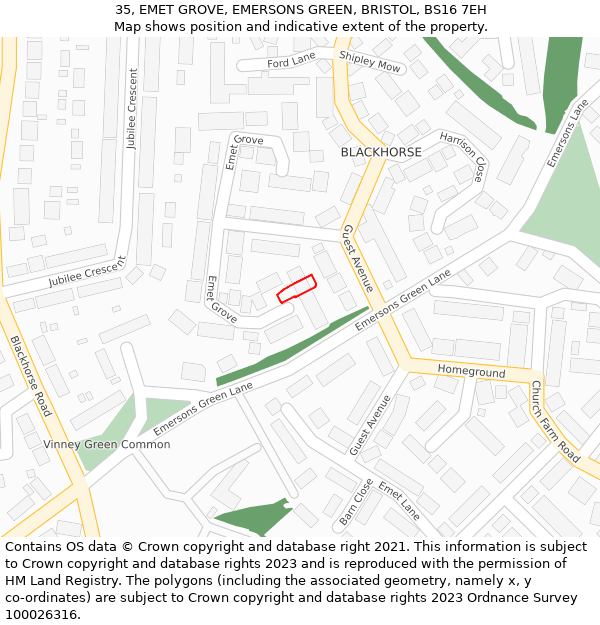 35, EMET GROVE, EMERSONS GREEN, BRISTOL, BS16 7EH: Location map and indicative extent of plot