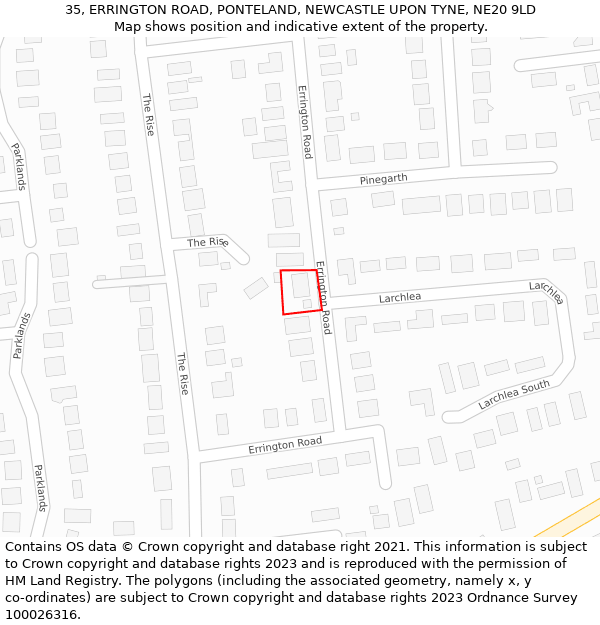 35, ERRINGTON ROAD, PONTELAND, NEWCASTLE UPON TYNE, NE20 9LD: Location map and indicative extent of plot