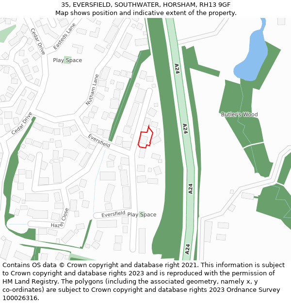 35, EVERSFIELD, SOUTHWATER, HORSHAM, RH13 9GF: Location map and indicative extent of plot