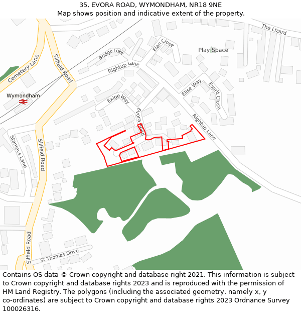 35, EVORA ROAD, WYMONDHAM, NR18 9NE: Location map and indicative extent of plot