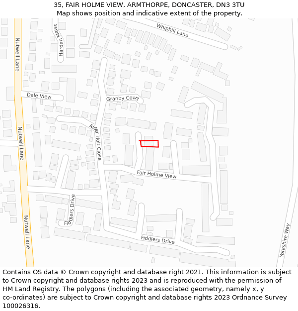 35, FAIR HOLME VIEW, ARMTHORPE, DONCASTER, DN3 3TU: Location map and indicative extent of plot