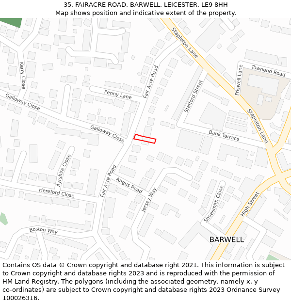 35, FAIRACRE ROAD, BARWELL, LEICESTER, LE9 8HH: Location map and indicative extent of plot