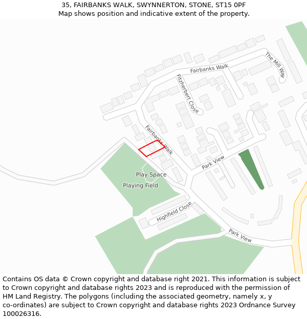 35, FAIRBANKS WALK, SWYNNERTON, STONE, ST15 0PF: Location map and indicative extent of plot