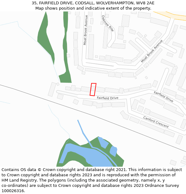 35, FAIRFIELD DRIVE, CODSALL, WOLVERHAMPTON, WV8 2AE: Location map and indicative extent of plot