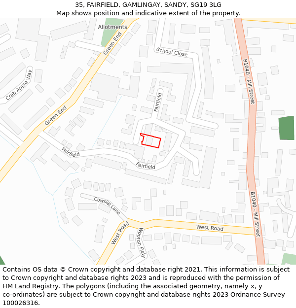 35, FAIRFIELD, GAMLINGAY, SANDY, SG19 3LG: Location map and indicative extent of plot