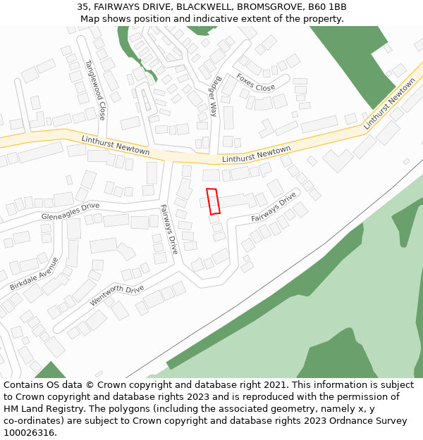 35, FAIRWAYS DRIVE, BLACKWELL, BROMSGROVE, B60 1BB: Location map and indicative extent of plot