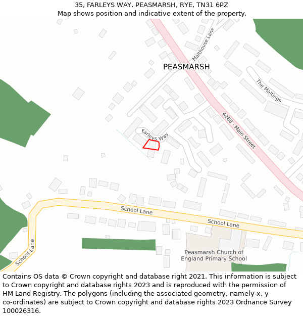 35, FARLEYS WAY, PEASMARSH, RYE, TN31 6PZ: Location map and indicative extent of plot