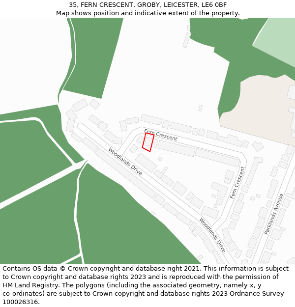 35, FERN CRESCENT, GROBY, LEICESTER, LE6 0BF: Location map and indicative extent of plot