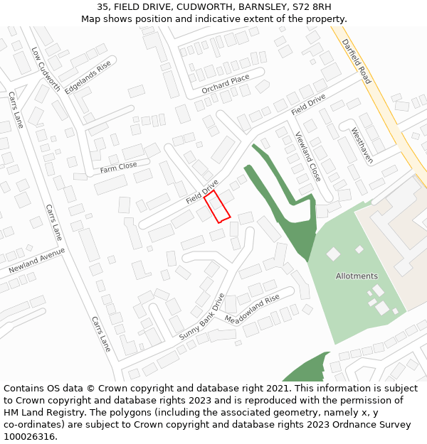 35, FIELD DRIVE, CUDWORTH, BARNSLEY, S72 8RH: Location map and indicative extent of plot