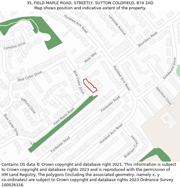 35, FIELD MAPLE ROAD, STREETLY, SUTTON COLDFIELD, B74 2AD: Location map and indicative extent of plot