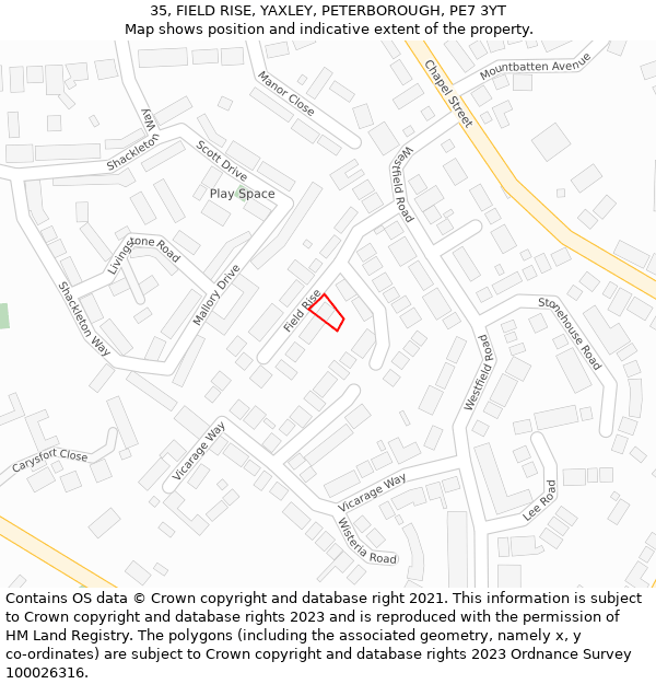 35, FIELD RISE, YAXLEY, PETERBOROUGH, PE7 3YT: Location map and indicative extent of plot