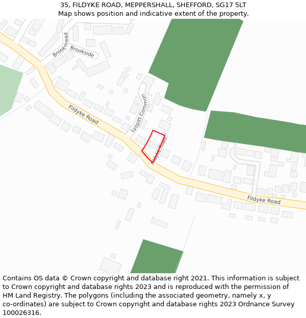 35, FILDYKE ROAD, MEPPERSHALL, SHEFFORD, SG17 5LT: Location map and indicative extent of plot