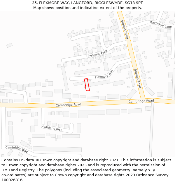 35, FLEXMORE WAY, LANGFORD, BIGGLESWADE, SG18 9PT: Location map and indicative extent of plot