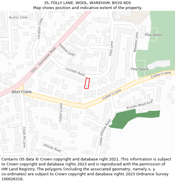 35, FOLLY LANE, WOOL, WAREHAM, BH20 6DS: Location map and indicative extent of plot