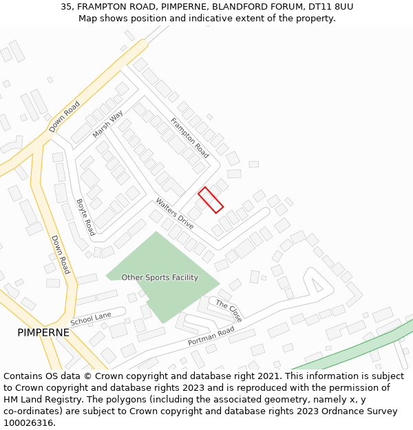 35, FRAMPTON ROAD, PIMPERNE, BLANDFORD FORUM, DT11 8UU: Location map and indicative extent of plot